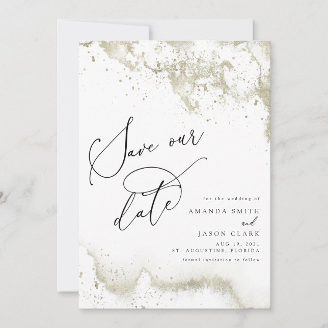Faux Gold Glitter Modern Script Save the Date Invitation (Front)