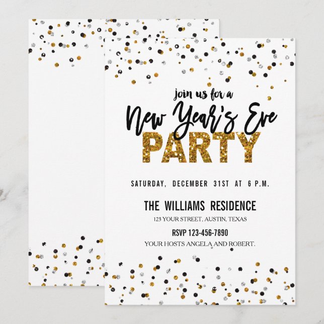 Faux Gold Glitter New Year's Eve Party Invite (Front/Back)