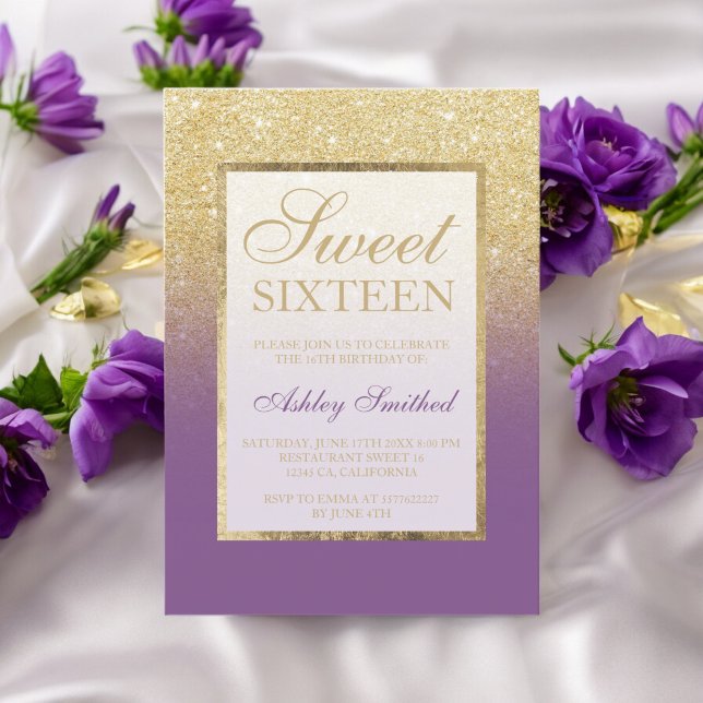 Faux gold glitter ombre purple chic Sweet sixteen Invitation (Faux gold glitter ombre purple chic Sweet sixteen Invitation)