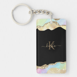 Faux Gold Glitter & Pastel Waves Bling Key Ring