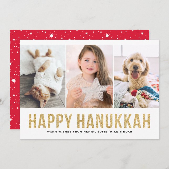Faux Gold Glitter Photo Collage Happy Hanukkah Holiday Card (Front/Back)