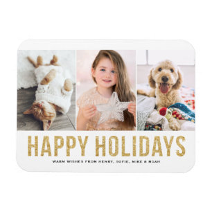 Faux Gold Glitter Photo Collage Happy Holidays Magnet