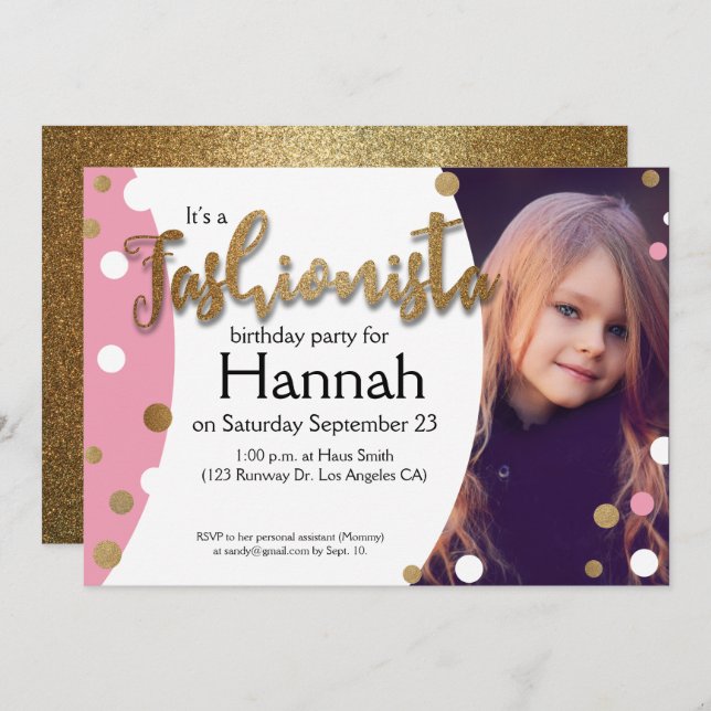 Faux Gold Glitter, Pink dots Fashionista Birthday Invitation (Front/Back)