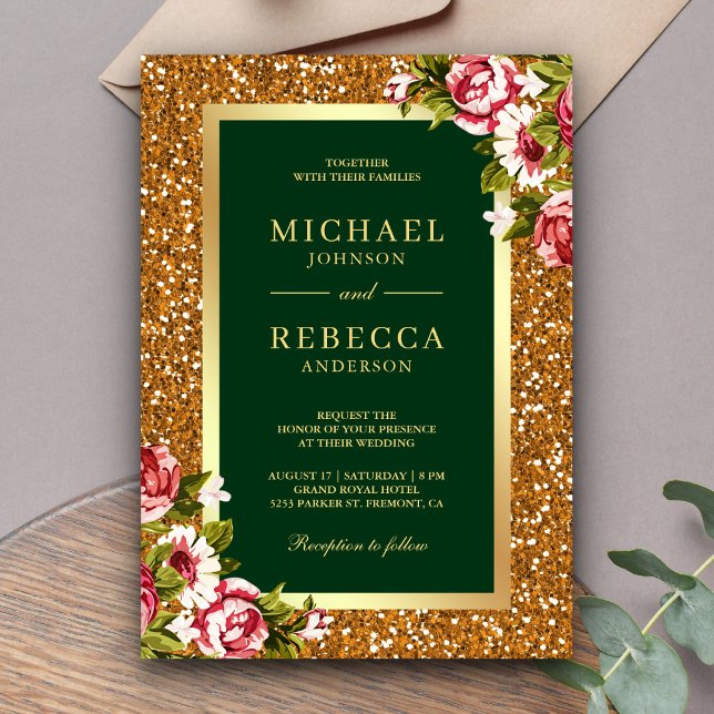 Faux Gold Glitter Pink Floral Hunter Green Wedding Invitation (Creator Uploaded)