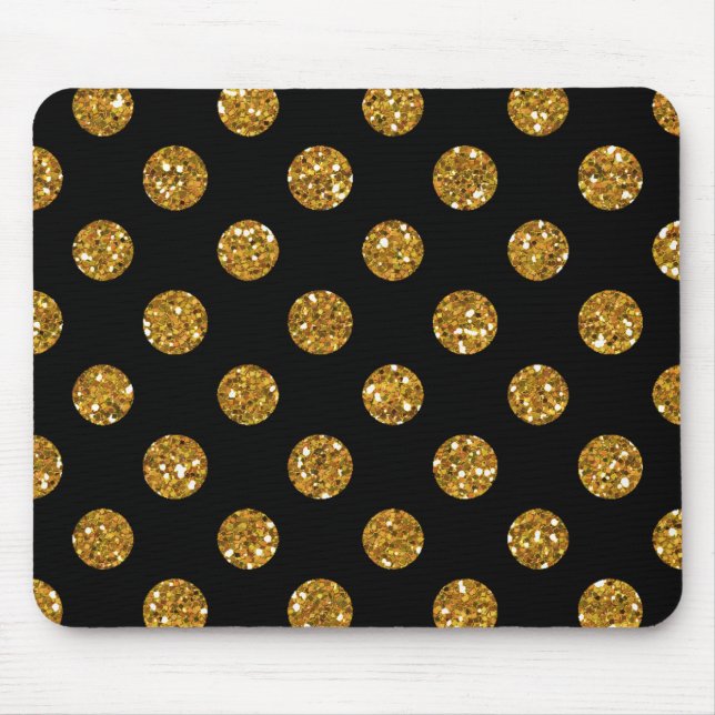 Faux Gold Glitter Polka Dots Pattern on Black Mouse Pad (Front)