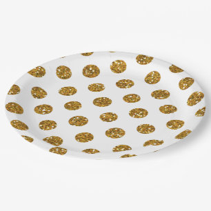Faux Gold Glitter Polka Dots Pattern on White Paper Plate