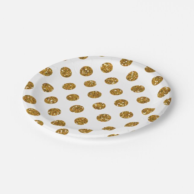Faux Gold Glitter Polka Dots Pattern on White Paper Plate (Angled)