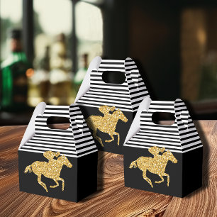 Faux Gold Glitter Race Horse Black White Stripes Favour Box