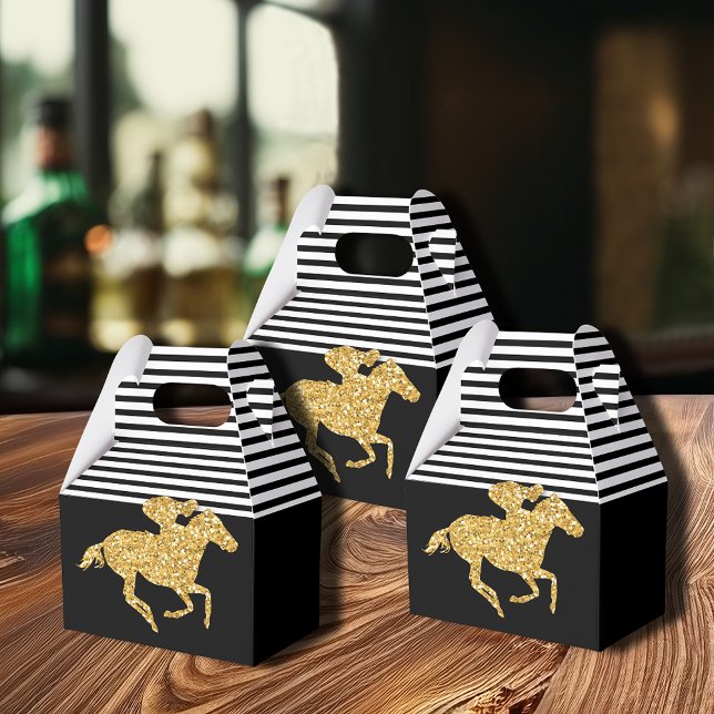 Faux Gold Glitter Race Horse Black White Stripes Favour Box (Gold racehorse Derby party favor boxes are 4"w x 2.5"l x 5"h, ship flat, simple assembly required.)