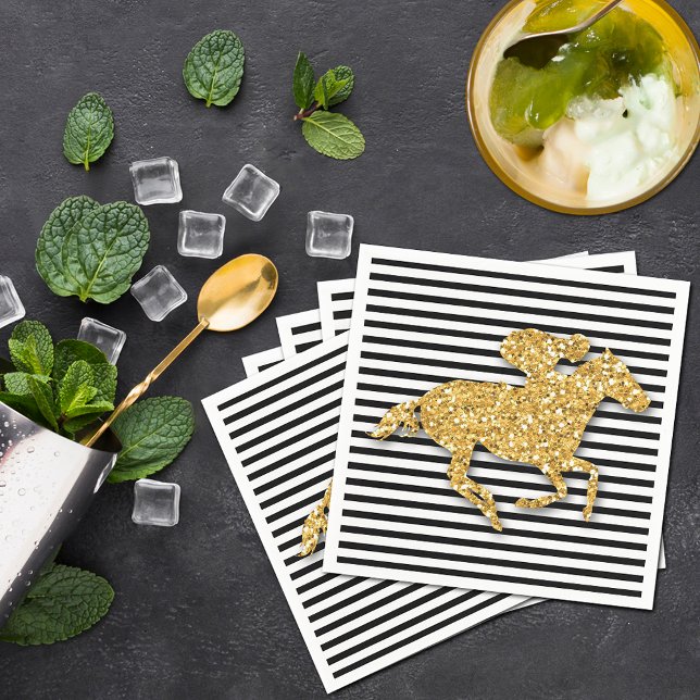 Faux Gold Glitter Race Horse Black & White Stripes Napkin (Gold racehorse and jockey on black and white stripes Derby  party cocktail napkins)