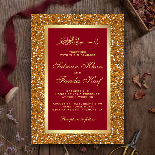Faux Gold Glitter Red Islamic Muslim Wedding Invitation