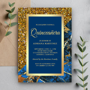 Faux Gold Glitter Royal Blue Marble Quinceanera Invitation