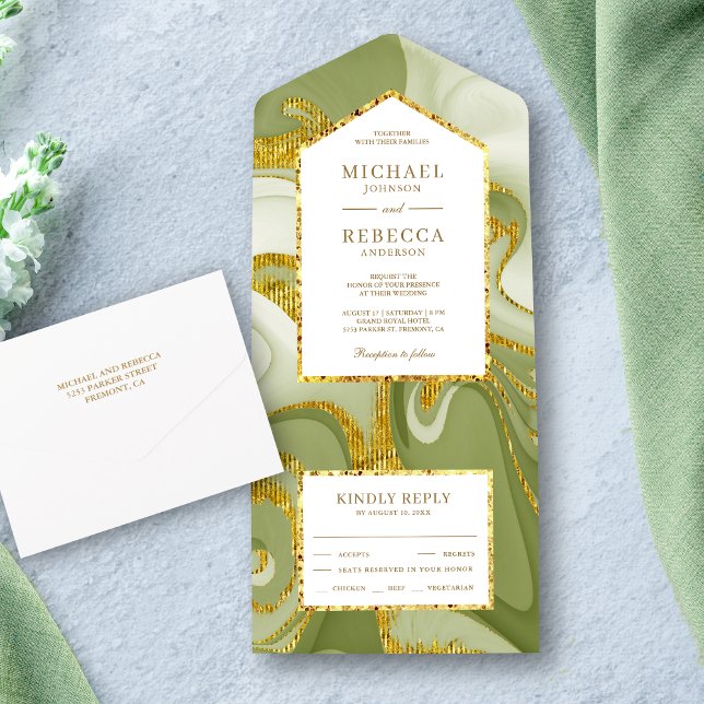 Faux Gold Glitter Sage Green Marble Wedding All In One Invitation (Creator Uploaded)