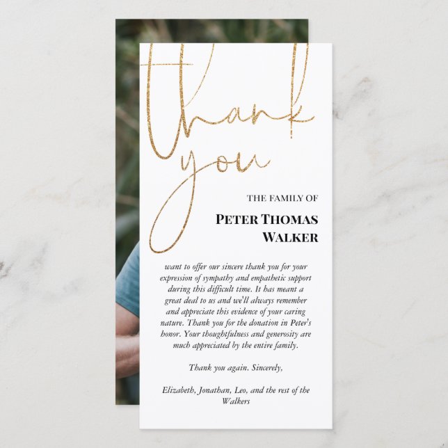 Faux Gold Glitter Script & Photo Funeral Thank You (Front/Back)
