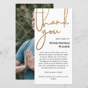 Faux Gold Glitter Script & Photo Funeral Thank You Card
