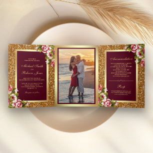 Faux Gold Glitter Sparkle Burgundy Floral Wedding Tri-Fold Invitation