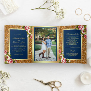 Faux Gold Glitter Sparkle Floral Navy Blue Wedding Tri-Fold Invitation