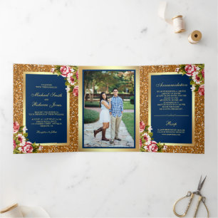 Faux Gold Glitter Sparkle Floral Navy Blue Wedding Tri-Fold Invitation
