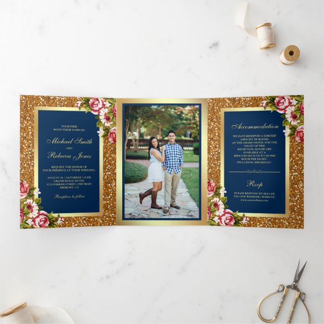 Faux Gold Glitter Sparkle Floral Navy Blue Wedding Tri-Fold Invitation (Inside)