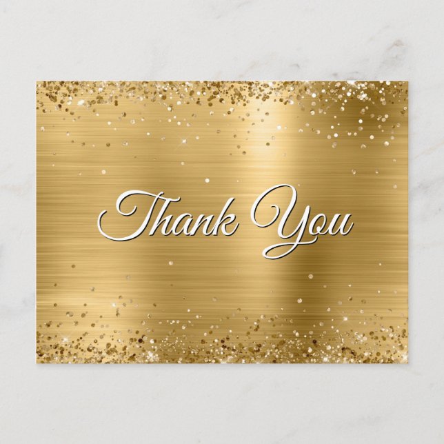 Faux Gold Glitter Sprinkled Foil Thank You Postcard (Front)