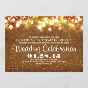 faux gold glitter string lights wedding invitation