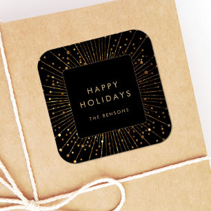Faux Gold Glitter Sunburst Happy Holidays Square Sticker