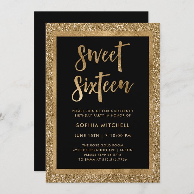 Faux Gold Glitter | Sweet 16 Party Invitation (Front/Back)