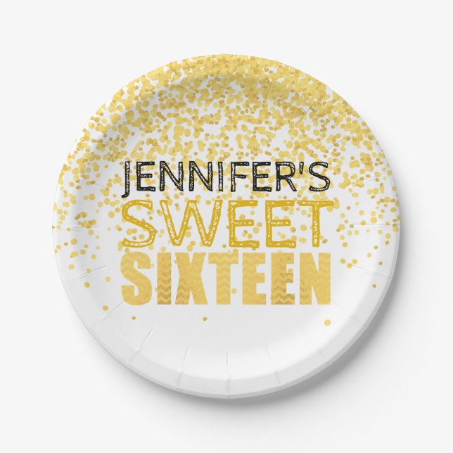 Faux Gold Glitter Sweet 16 Party Paper Plates (Front)