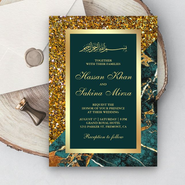 Faux Gold Glitter Teal Green Marble Muslim Wedding Invitation (Creator Uploaded)