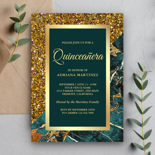 Faux Gold Glitter Teal Green Marble Quinceanera Invitation (Creator Uploaded)