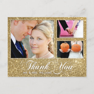 Faux Gold Glitter Thank You 3 Photo Postcard