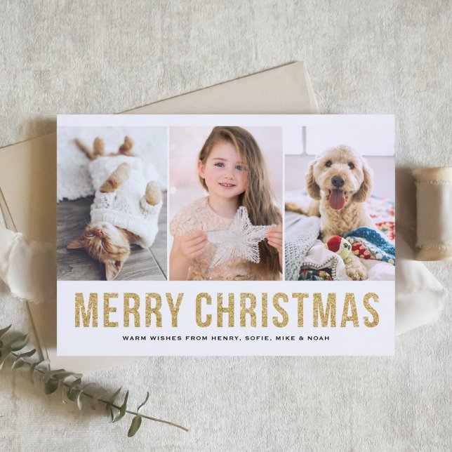 Faux Gold Glitter Three Photo Collage Christmas Holiday Card (Creator Uploaded)