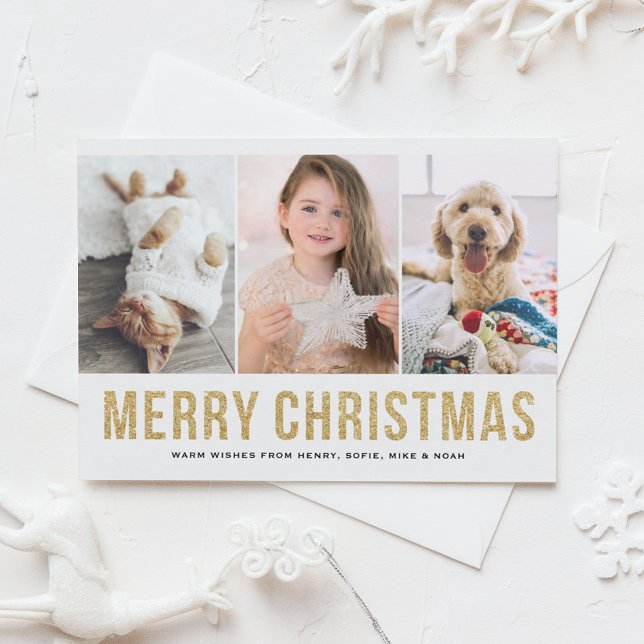 Faux Gold Glitter Three Photo Collage Christmas Holiday Postcard (Creator Uploaded)