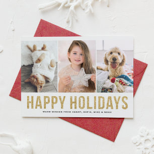 Faux Gold Glitter Three Photo Collage Modern Holiday Card