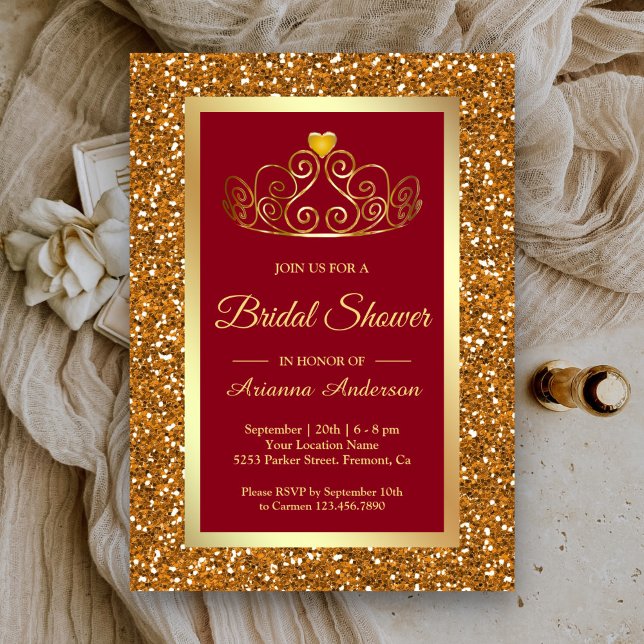 Faux Gold Glitter Tiara Princess Red Bridal Shower Invitation (Creator Uploaded)