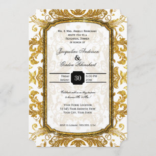 Faux Gold Glitter Ticket Vintage Rehearsal Dinner Invitation