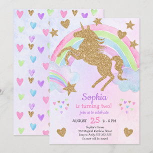 Faux Gold Glitter Unicorn Girl Birthday Invitation