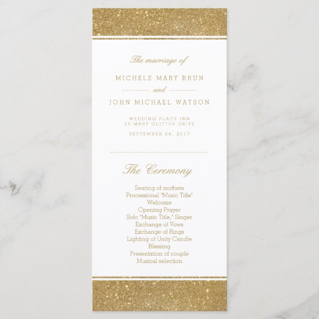 Faux Gold Glitter Wedding Program Rack Cards (Front)