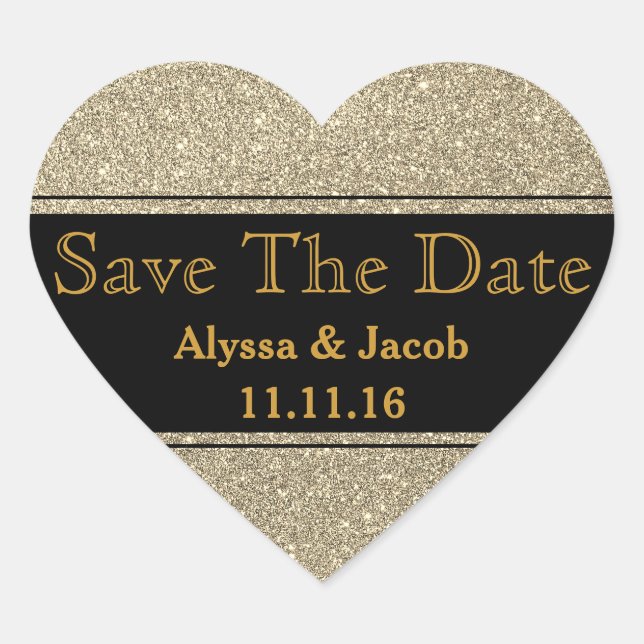 Faux Gold Glitter Wedding  Save the Date Heart Sticker (Front)