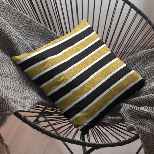 Faux Gold Glitter White & Black Stripes Cushion