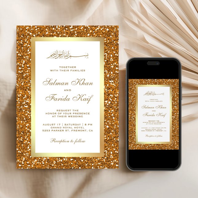 Faux Gold Glitter White Islamic Muslim Wedding Invitation (Creator Uploaded)