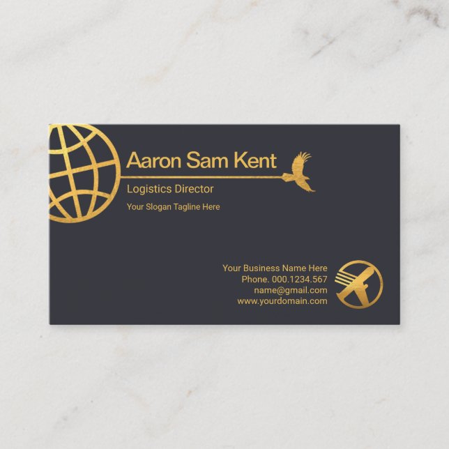 Faux Gold Globe Hawk Supply Line Blue Marketing Business Card (Front)