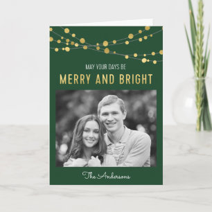 Faux Gold Green Merry & Bright Lights Photo Holiday Card