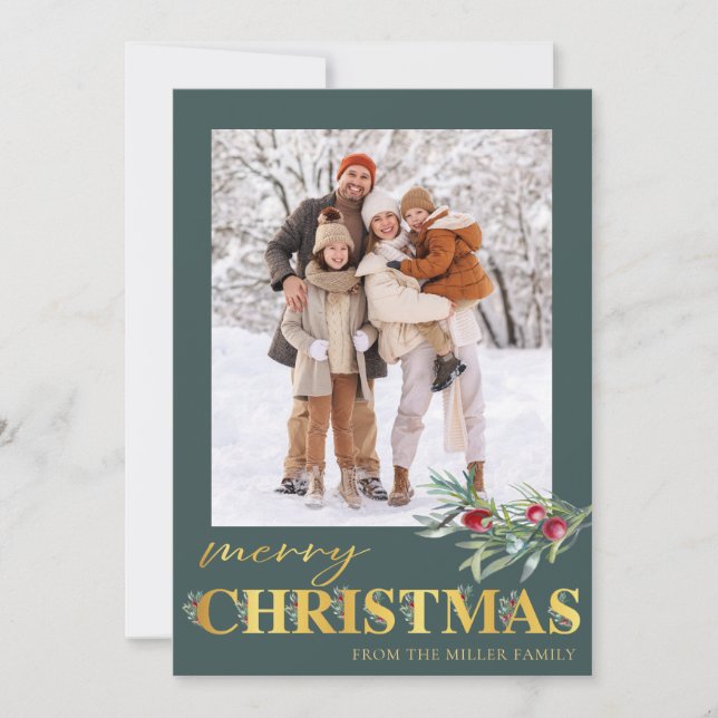 Faux Gold Green Merry Christmas Holiday Photo Card (Front)
