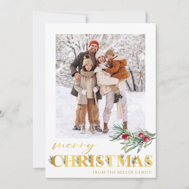 Faux Gold Green Merry Christmas Holiday Photo Card (Front)