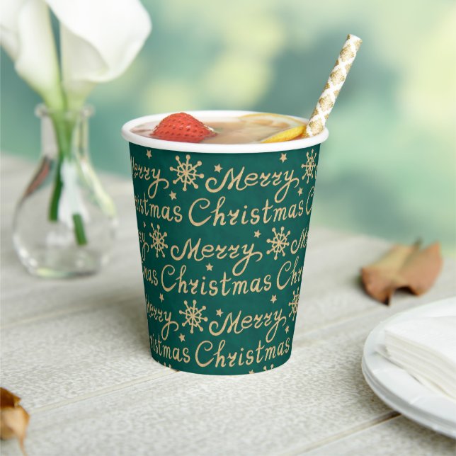Faux Gold & Green Merry Christmas Lettering Paper Cups (Insitu)