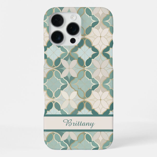 Faux Gold + Green Moroccan Tile Personalised iPhone Case (Back)