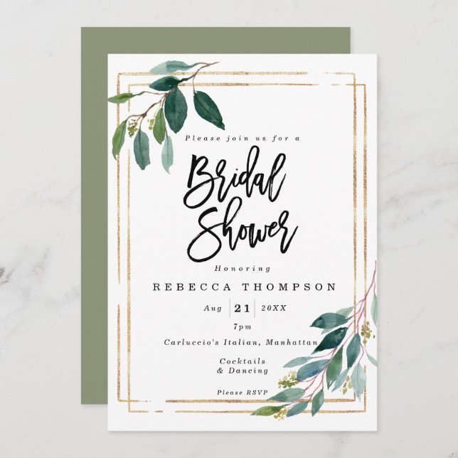 faux gold & greenery boho modern bridal shower invitation (Front/Back)