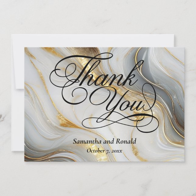 Faux Gold Grey White Marbled Formal Thank You Card (Front)