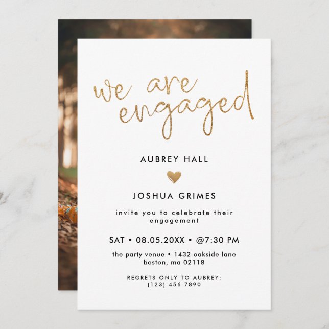 Faux Gold Handwriting We Are Engaged Photo Invitation (Front/Back)